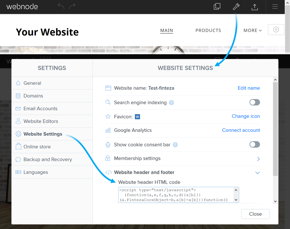 Tampalkan kod Finteza di bahagian "Website header HTML code".