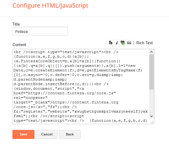 Plak de Finteza code in het editor venster