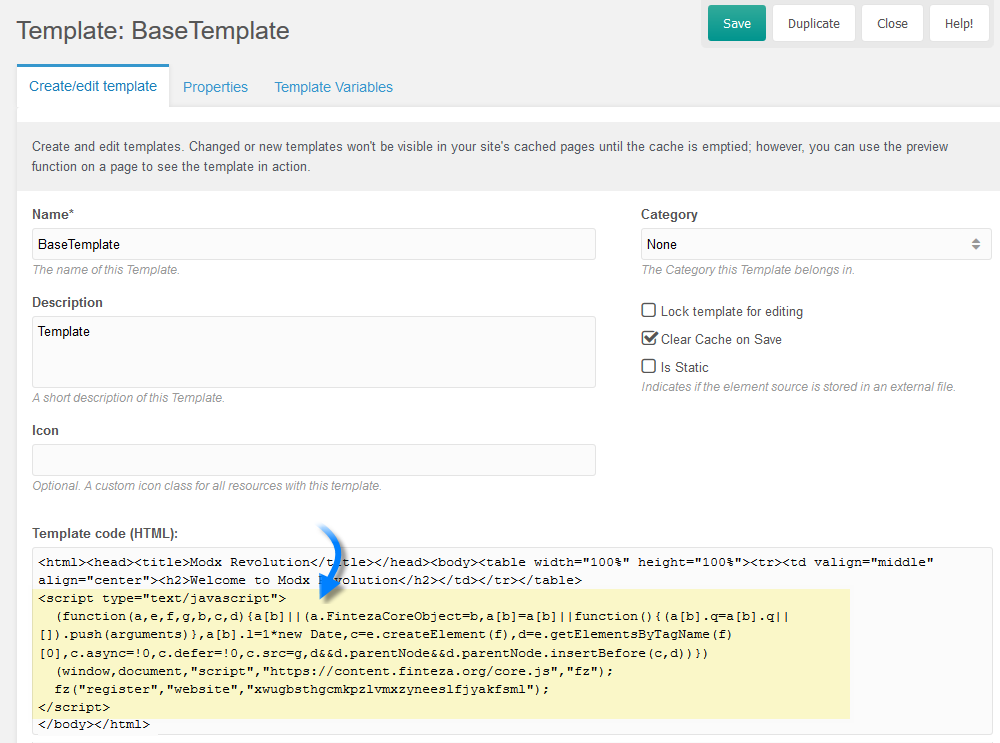 Plak de Finteza code in het editor venster voor de tags </body></html>