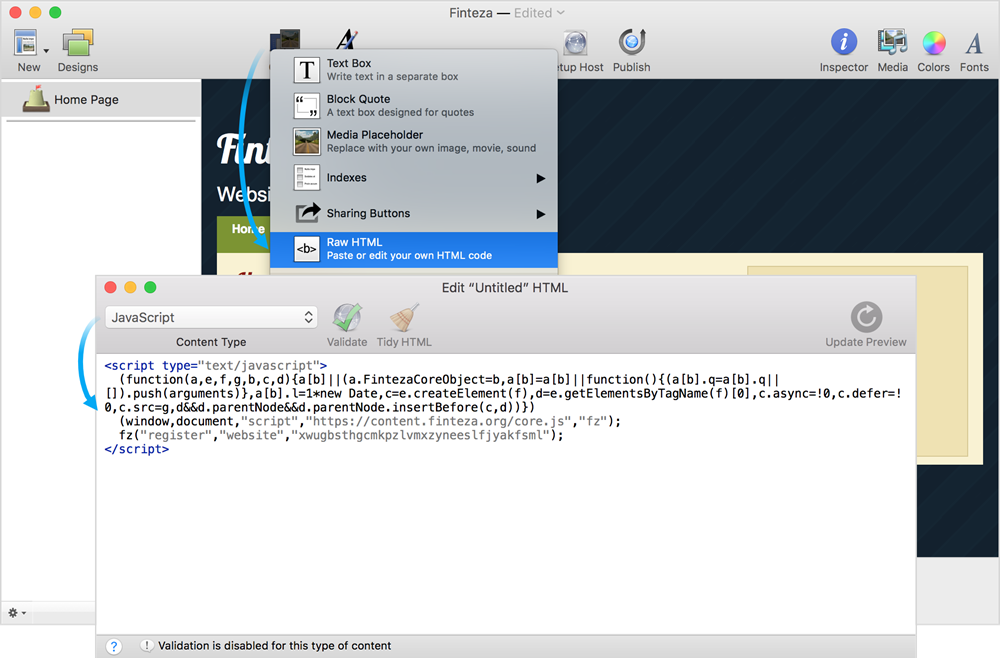 Maak een "Raw HTML" object en plak hier de Finteza code in