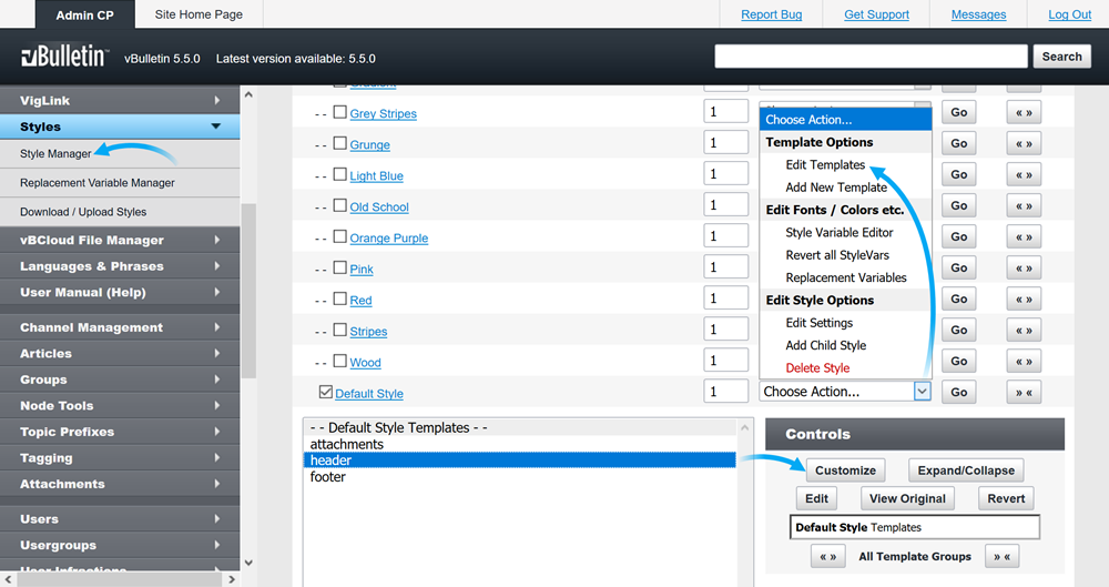In de Styles Manager sectie, selecteer de hoofd styleset en pas de "header" template aan