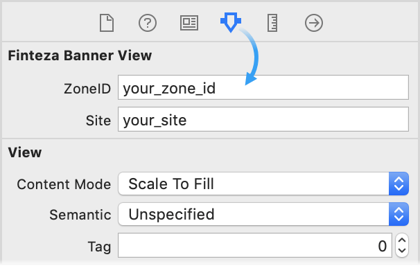 O identificador da zona e o nome do site/aplicativo podem ser especificados por meio do Interface Builder