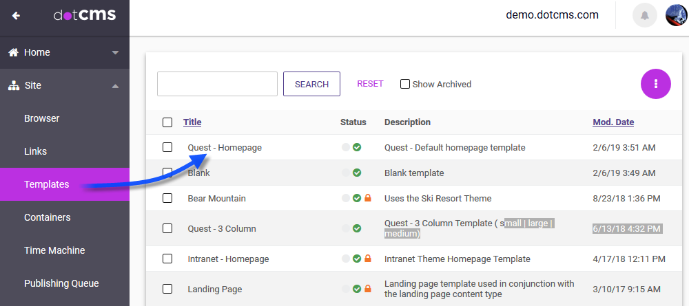 Site -> Templates'e gidin ve kodu yapıştırmak için sayfayı seçin